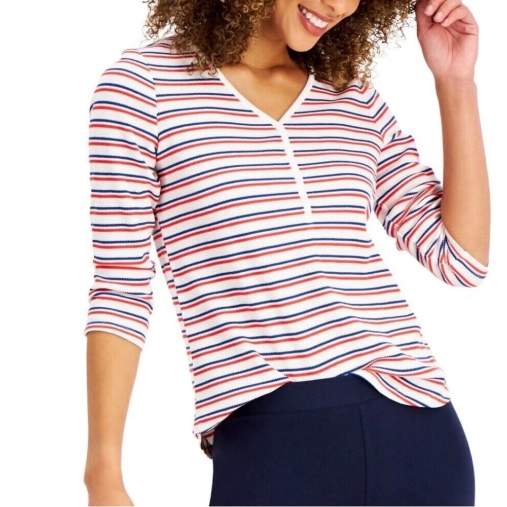 Style & Co Top Size 2XL Striped Henley Waffle Knit Stretch Red White & Blue